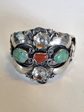 Authentic Vintage 1960s Navajo Turquoise, Coral & Sterling Silver Cuff Bracelet